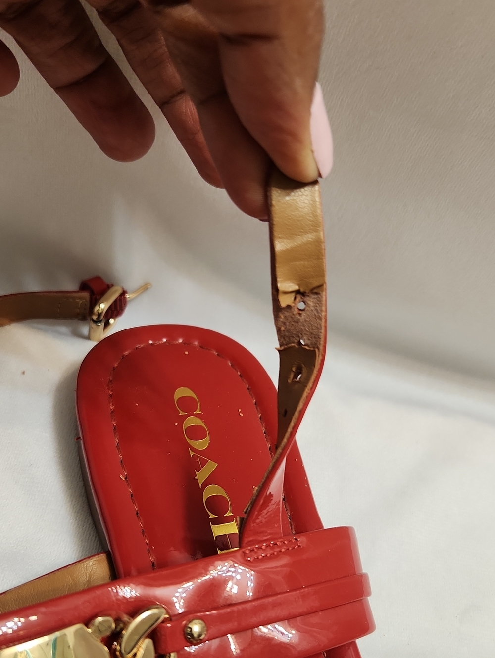 Coach Catherine Red Gold Glossy Patent Leather T-Strap Sandals (W Size 7) - Picture 11 of 11